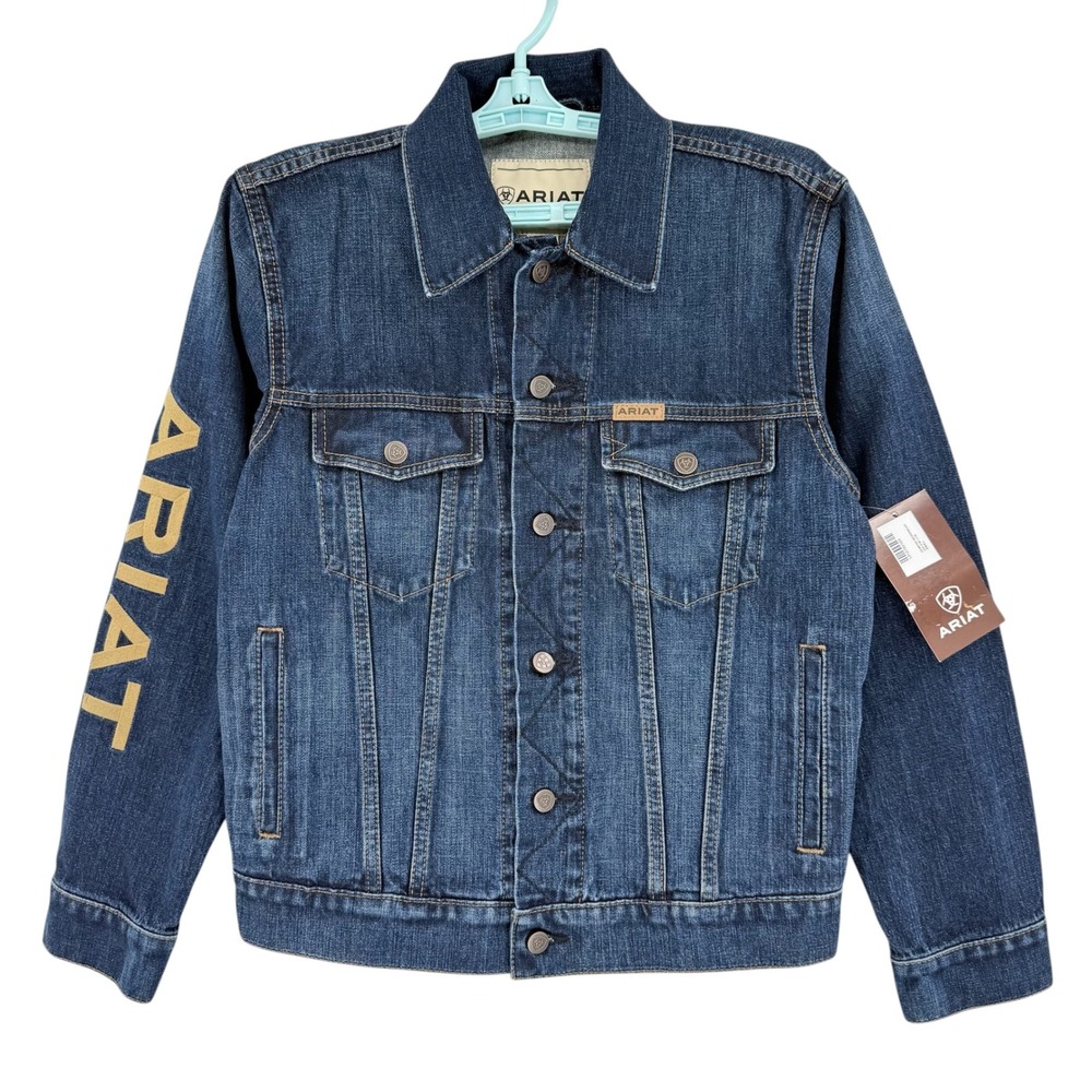 Ariat Men's Western Work Trucker Jacket Size Small Blue Denim Logo Richford NWT
